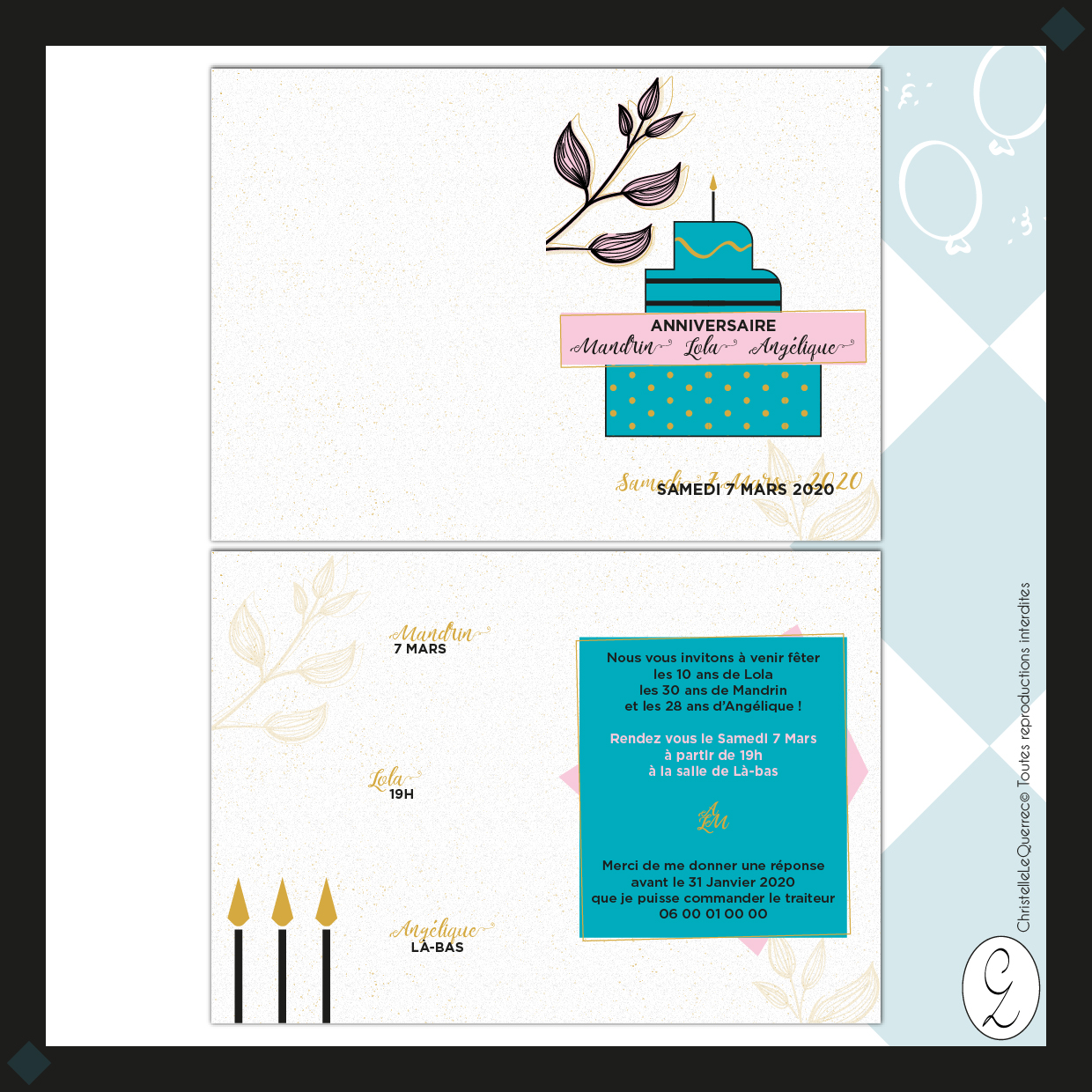 Graphiste Carte anniversaire bleu rose Christelle Le Querrec