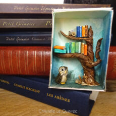 Miniature dans une boite d'allumette : chouette, livres, arbre
